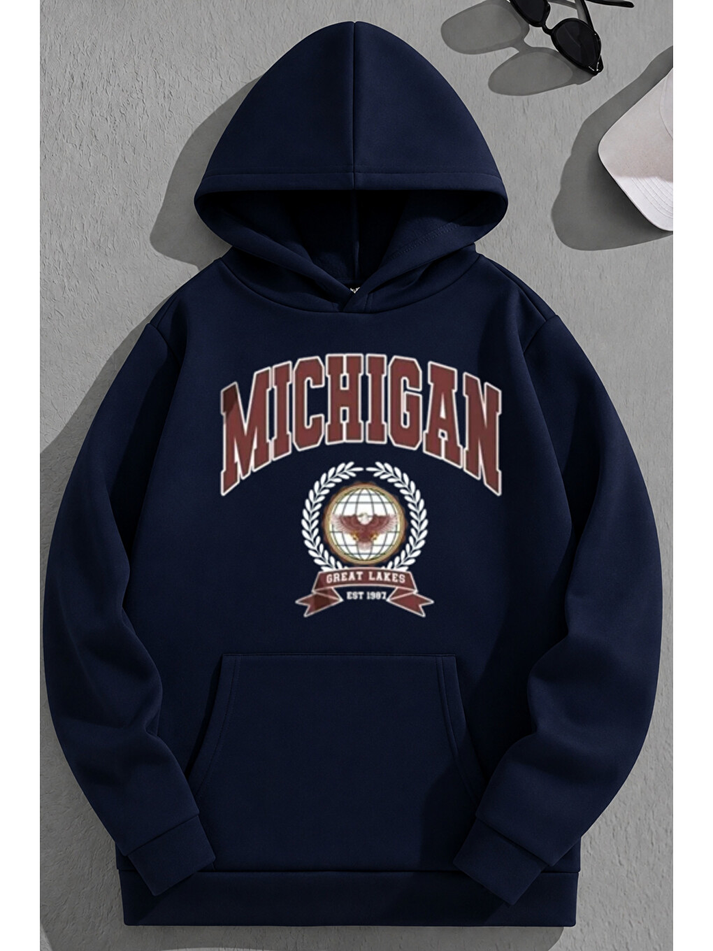 Unisex 3 İplik Pamuklu Lacivert Michigan Baskı Bol Kalıp Sweatshirt Hoodie