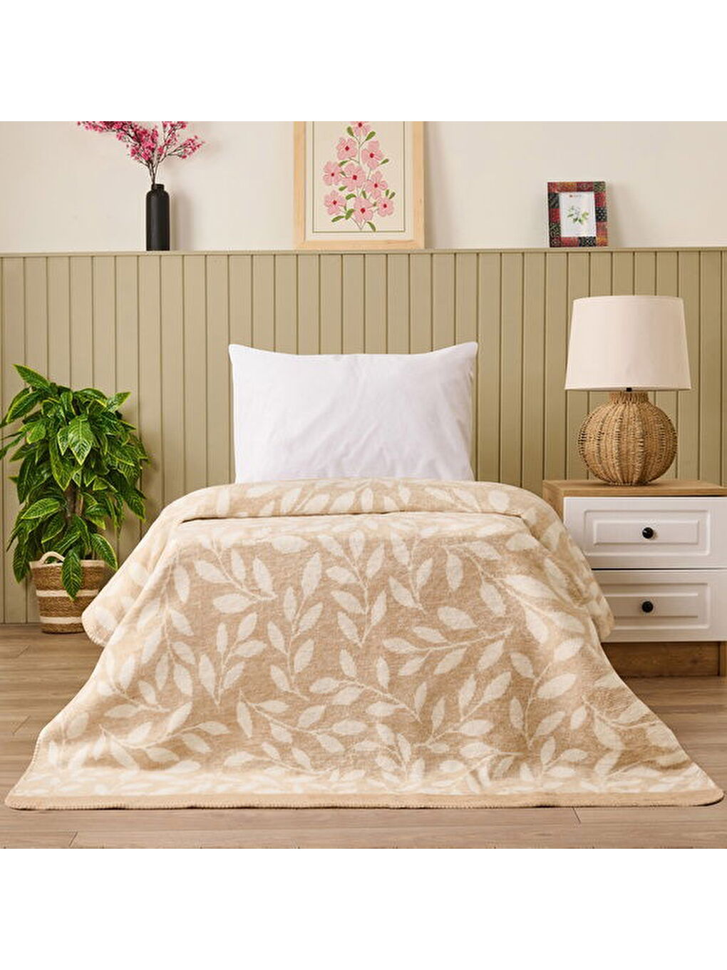 Soft Sprig Pamuklu Tek Kişilik Battaniye - Bej - 150x200 cm