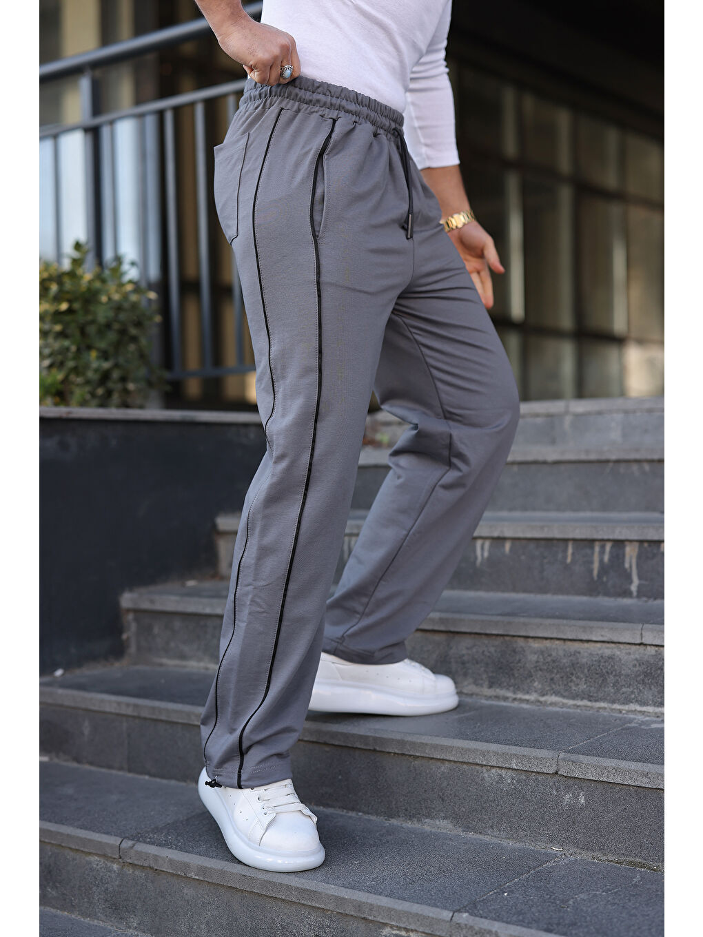 Erkek Günlük Yazlık Çizgili Bol Gri Eşofman Altı-1