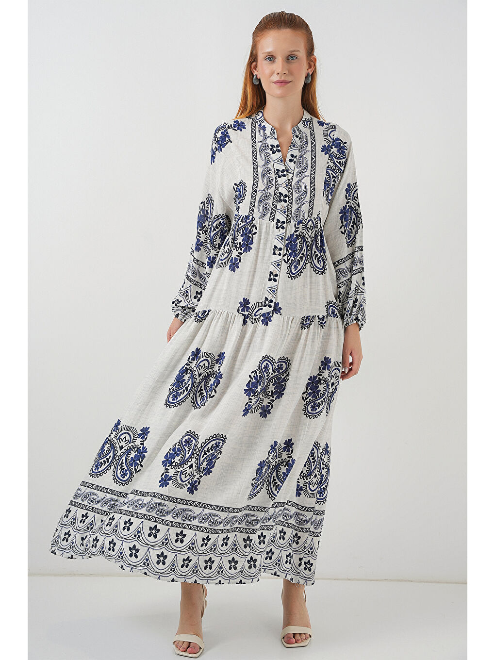 Kadın Desenli Uzun Tesettür Elbise 2585 - F.Lacivert-2