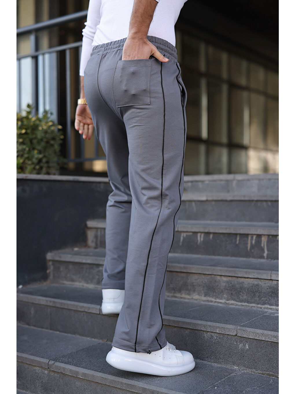 Erkek Günlük Yazlık Çizgili Bol Gri Eşofman Altı-2