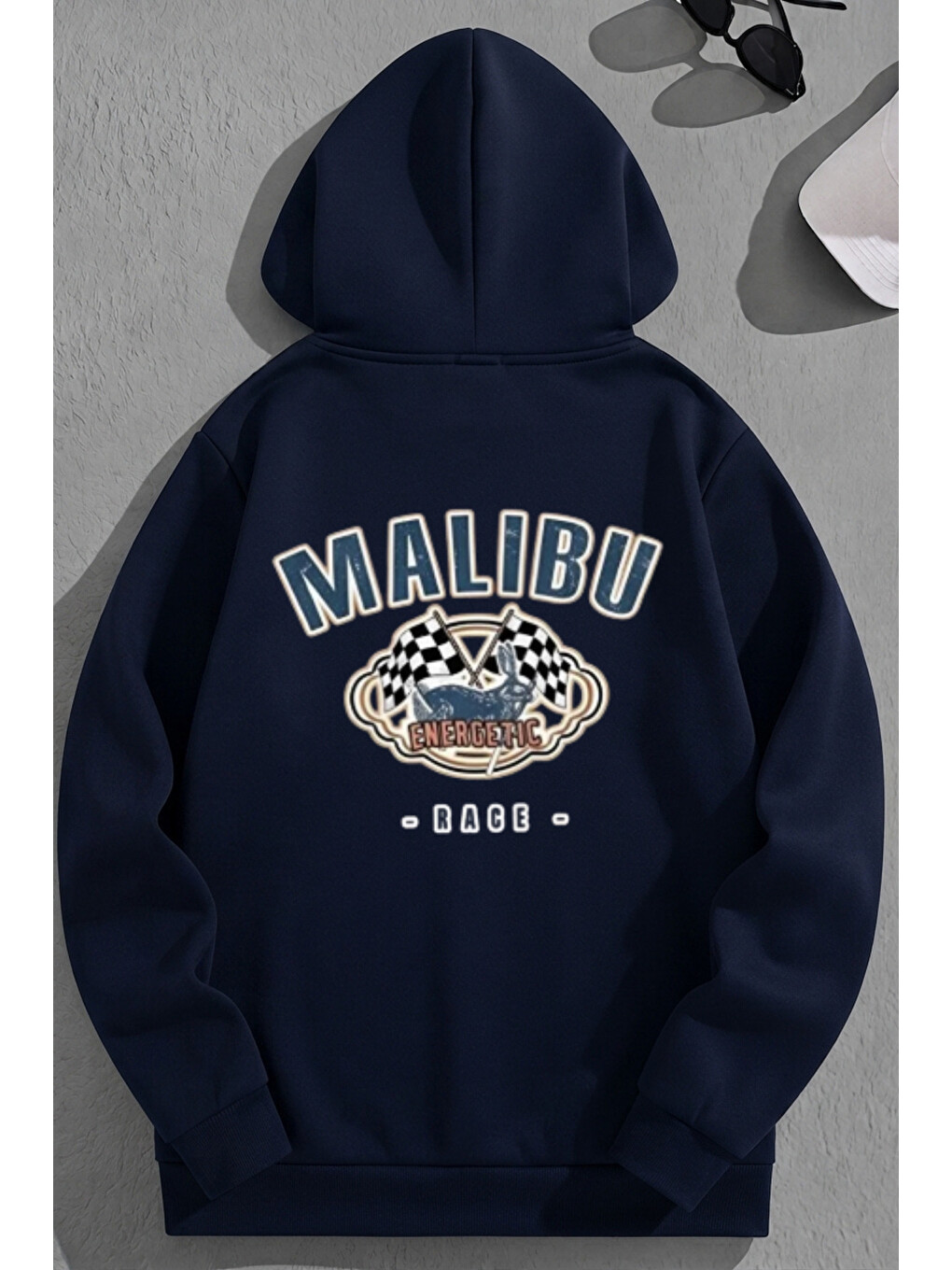 Unisex 3 İplik Pamuklu Lacivert Malibu Baskı Bol Kalıp Sweatshirt Hoodie