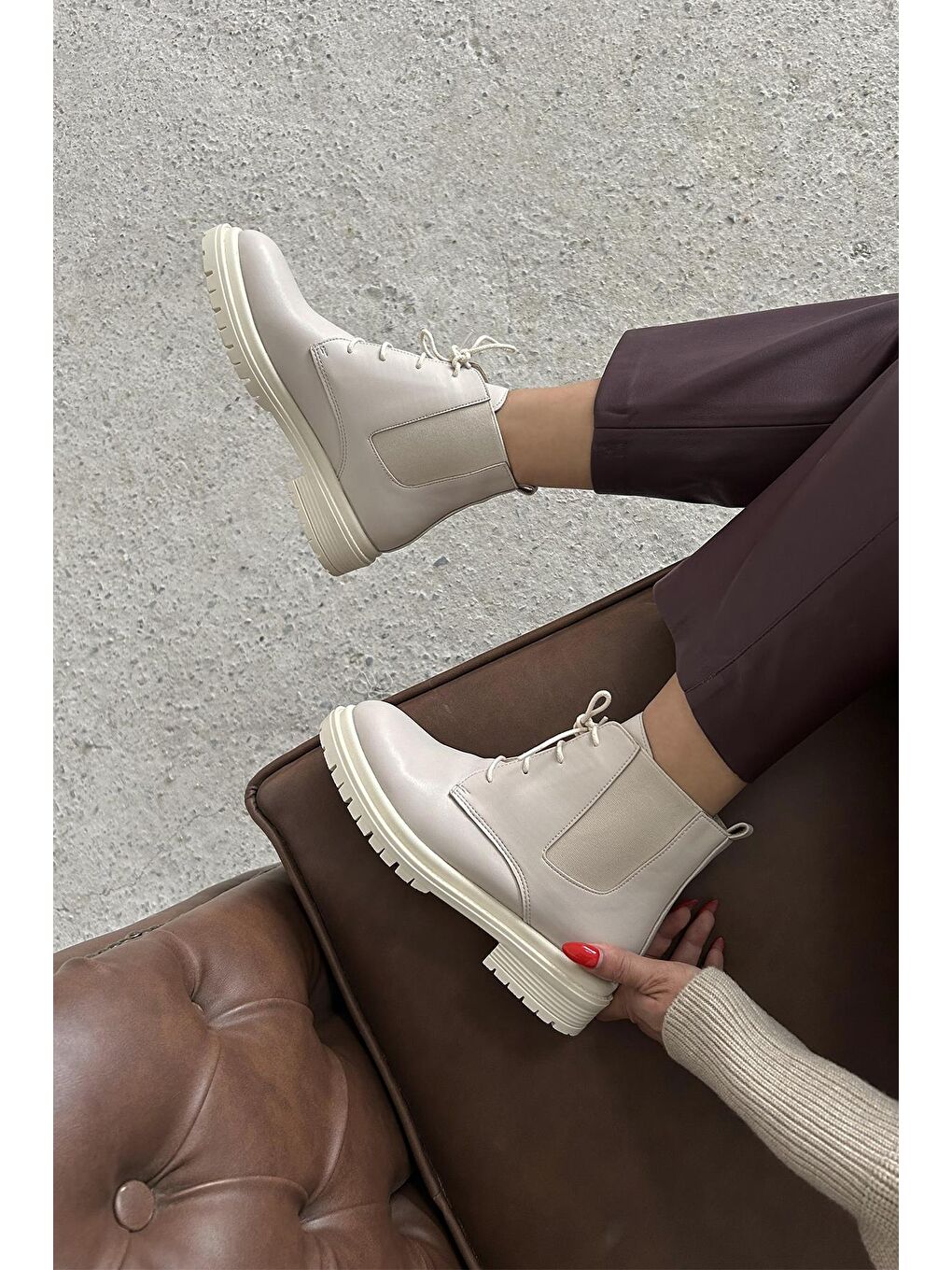 Pery Kadın Lastik Detay Deri Bot Bej-2