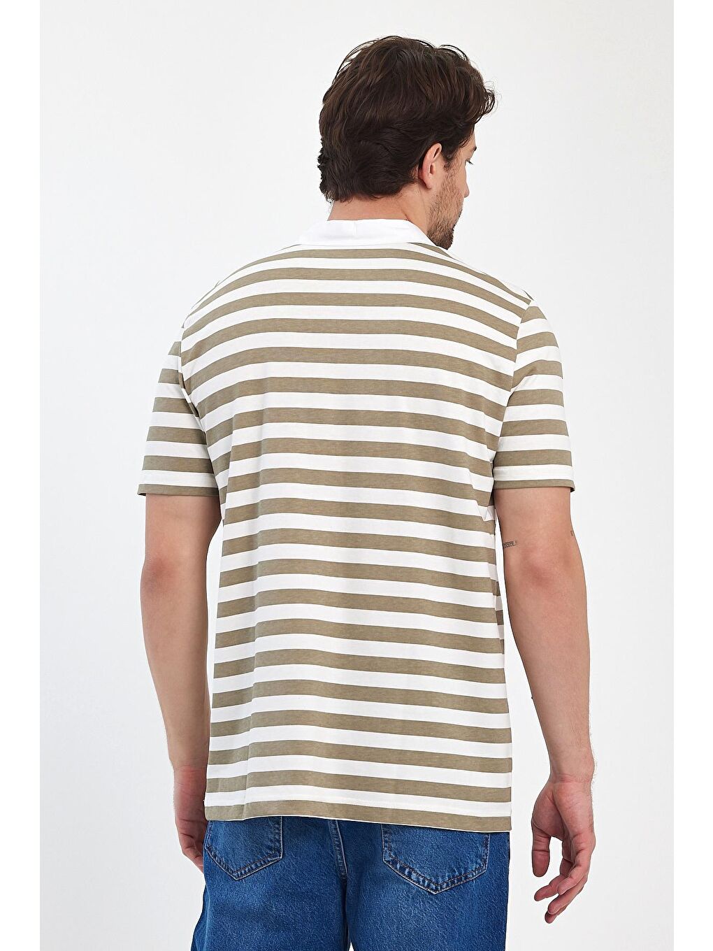 Kahverengi Regular Fit Düğmesiz Polo Yaka %100 Pamuk  Çizgili Erkek Tişört RF0390-5