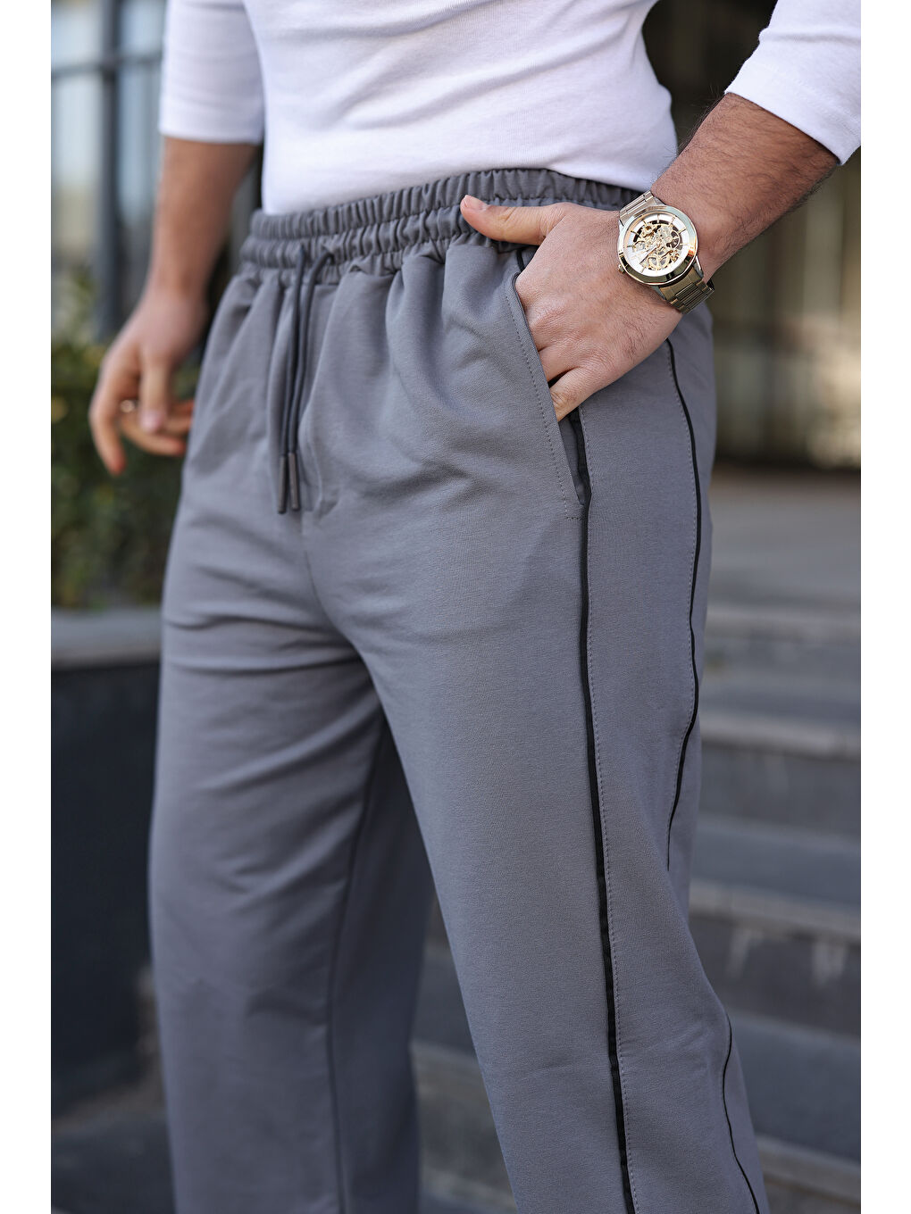 Erkek Günlük Yazlık Çizgili Bol Gri Eşofman Altı-3