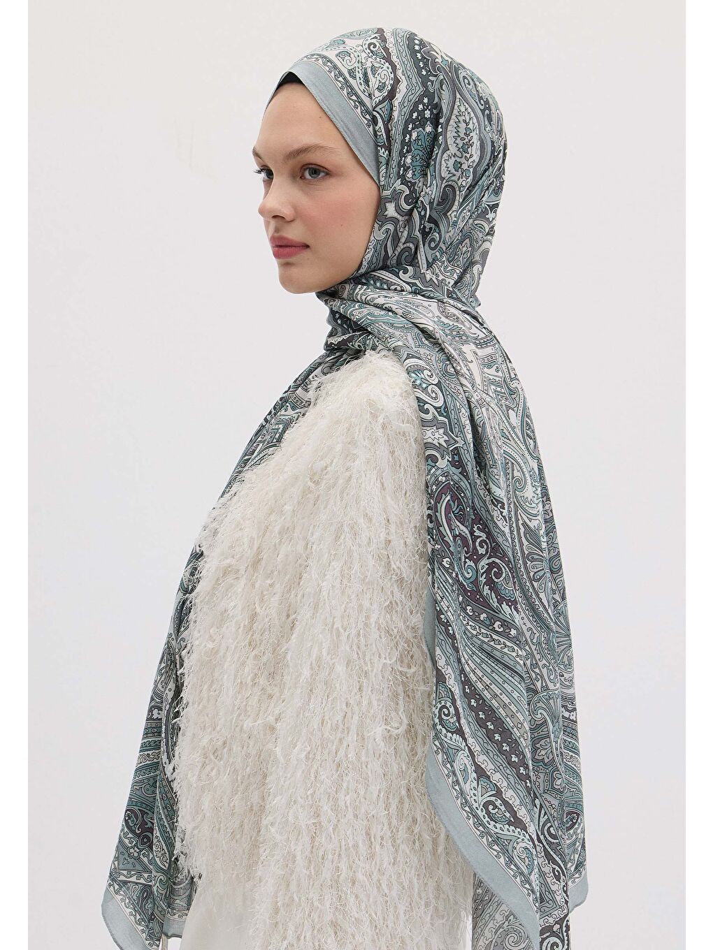 Gri Etnıc Floral Desen Şal Gümüş-3