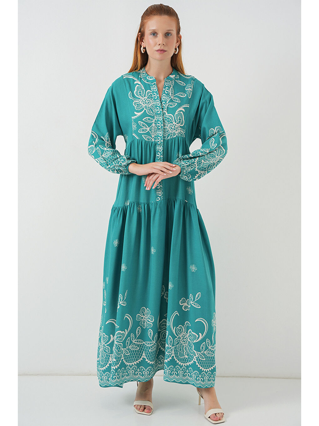 Yeşil Kadın Desenli Uzun Tesettür Elbise 2585 - Mint-3