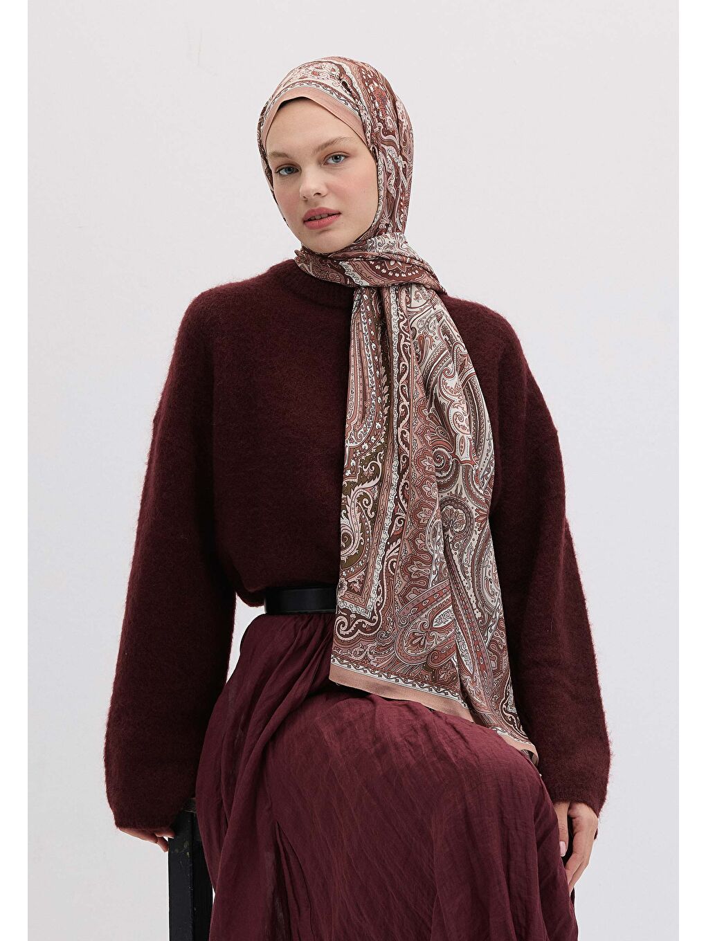 Gri Etnıc Floral Desen Şal Kil-3