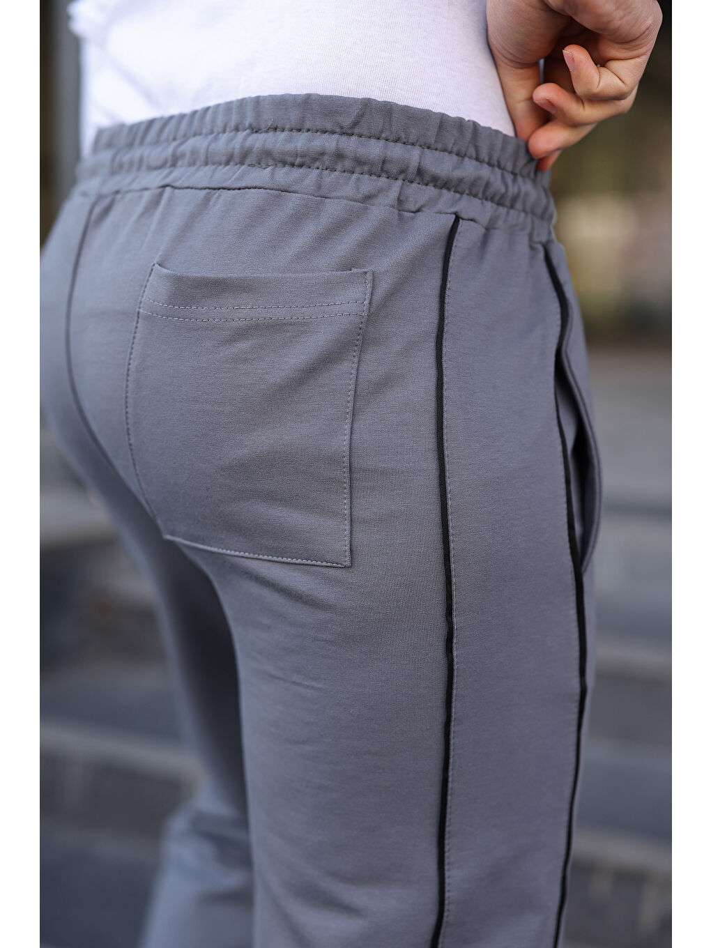 Erkek Günlük Yazlık Çizgili Bol Gri Eşofman Altı-5