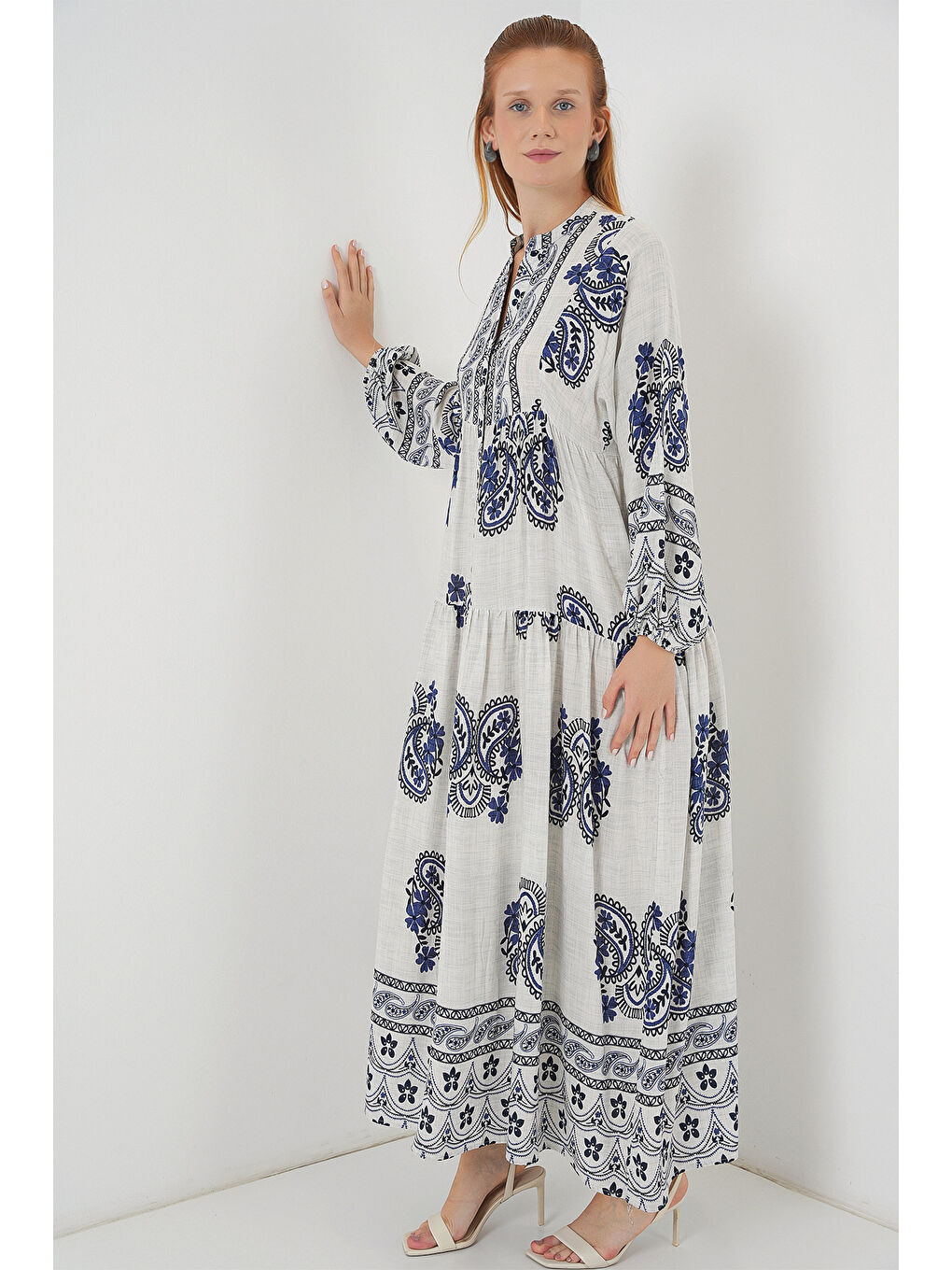 Kadın Desenli Uzun Tesettür Elbise 2585 - F.Lacivert-3