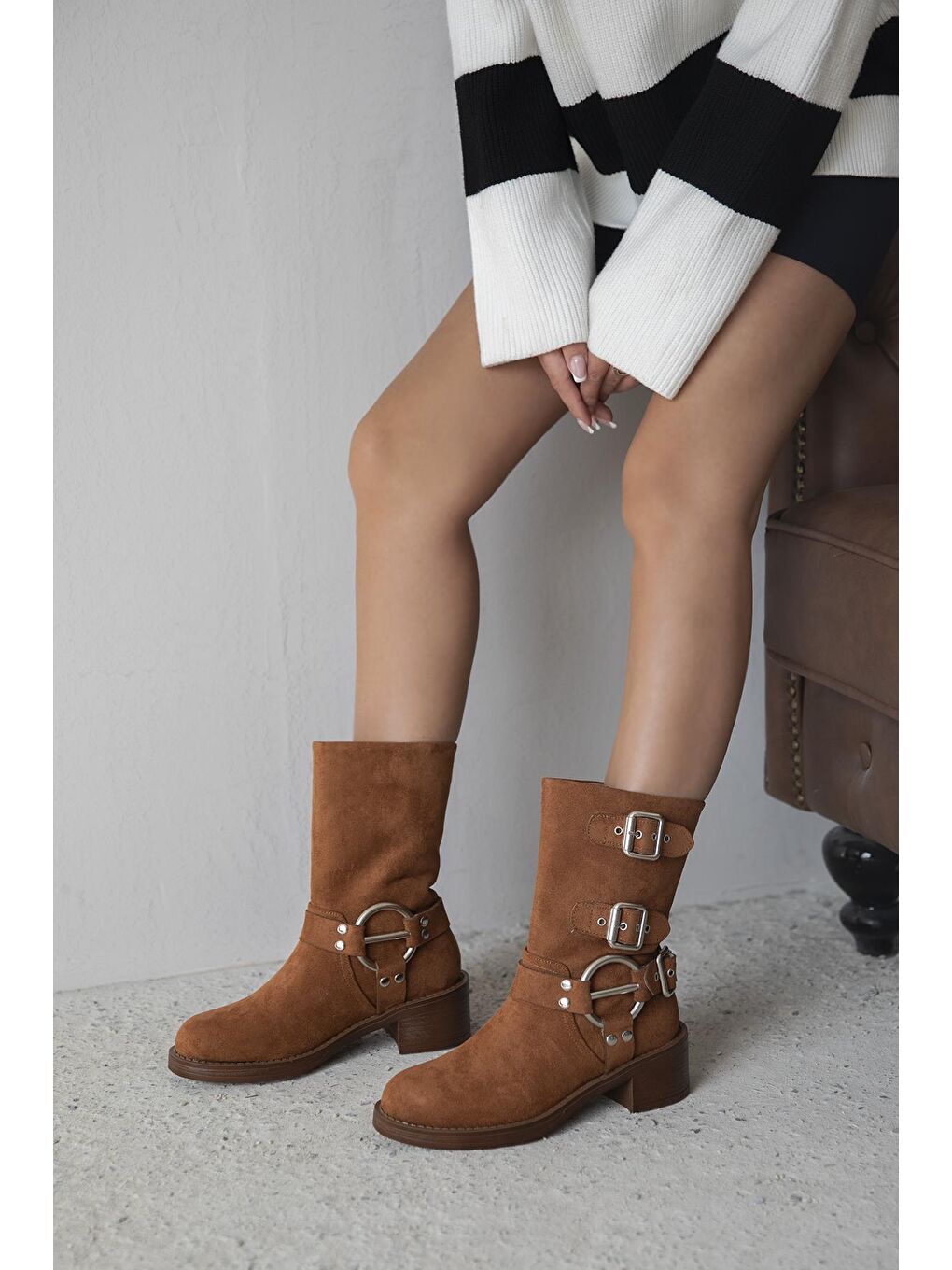 Kahverengi Senya Kadın Aksesuar Detay Süet Bot Taba-1
