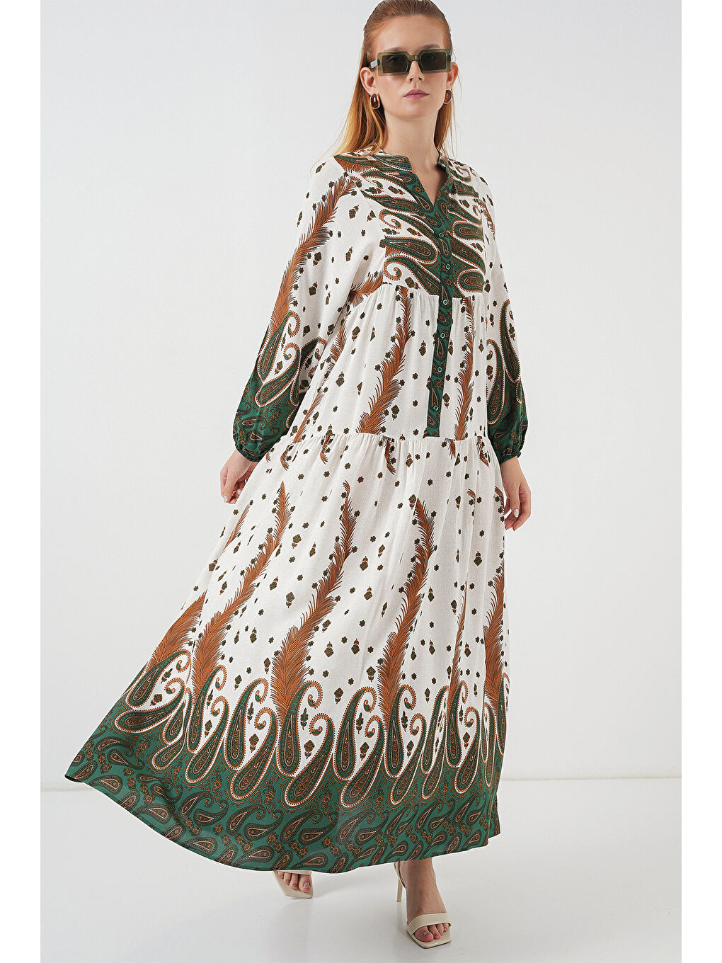 Sarı Kadın Desenli Uzun Tesettür Elbise 2585 - Hardal-2