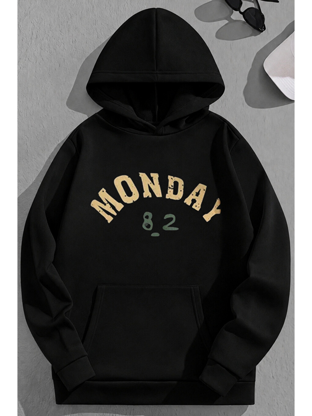 Unisex 3 İplik Pamuklu Siyah Monday Baskı Bol Kalıp Sweatshirt Hoodie