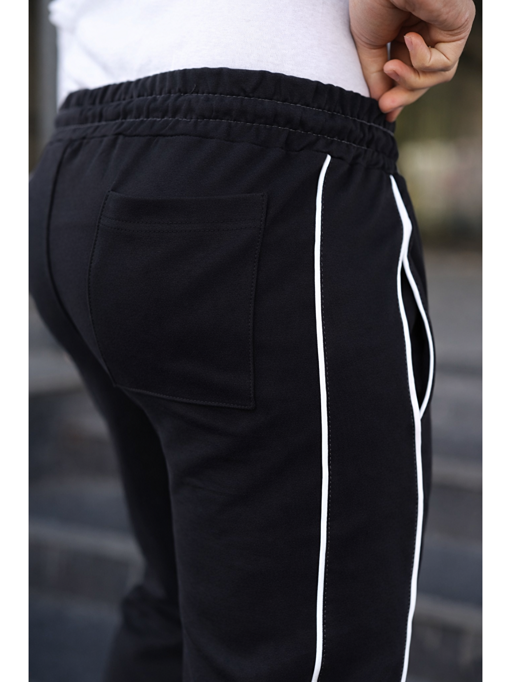 Erkek Günlük Yazlık Çizgili Bol Siyah Eşofman Altı-2