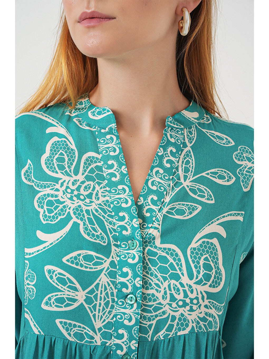 Yeşil Kadın Desenli Uzun Tesettür Elbise 2585 - Mint-4