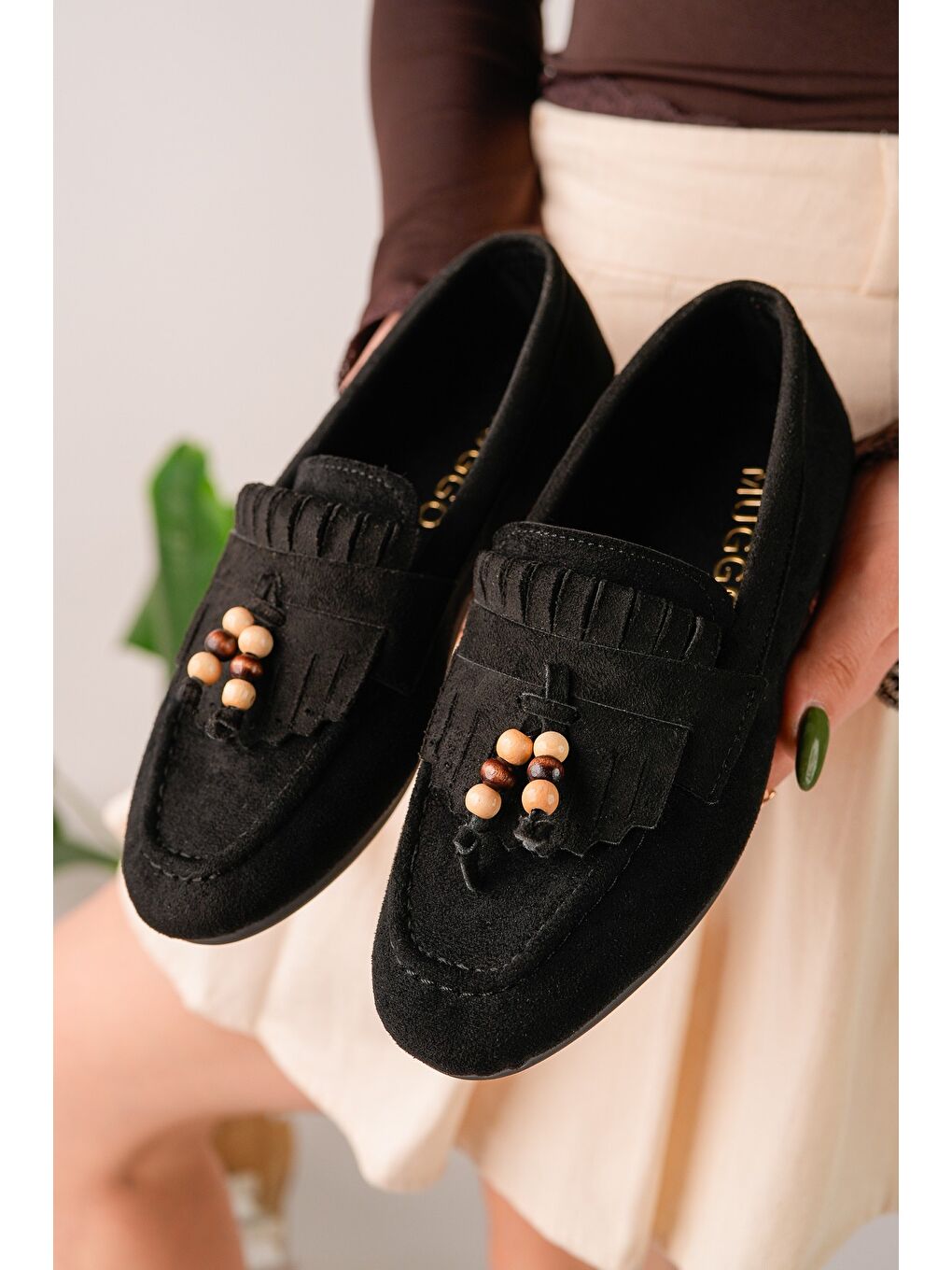 Siyah FAWN Renkli Boncuk Detaylı Kadın Günlük Loafer Ayakkabı-1