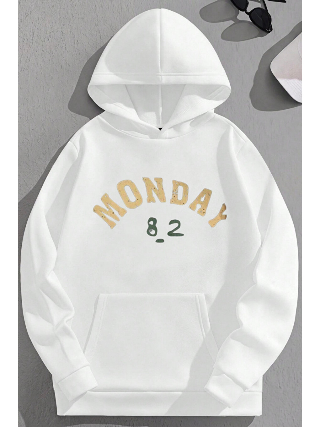 Unisex 3 İplik Pamuklu Beyaz Monday Baskı Bol Kalıp Sweatshirt Hoodie