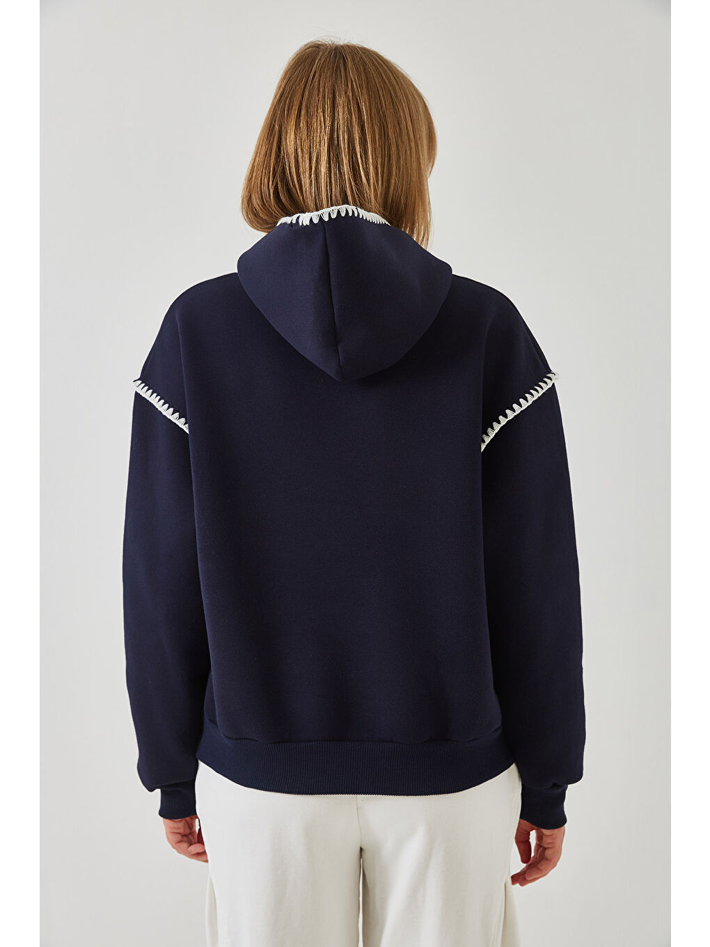 Lacivert Kadın Kapüşonlu Dantel Detaylı Sweatshirt-3