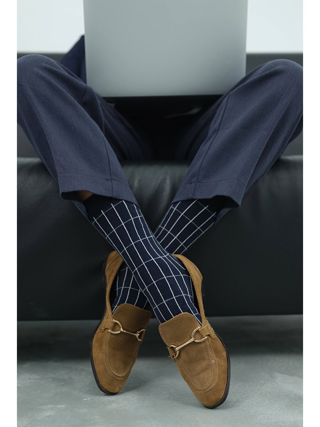 Grid Desen Soket Çorap Lacivert-Gri