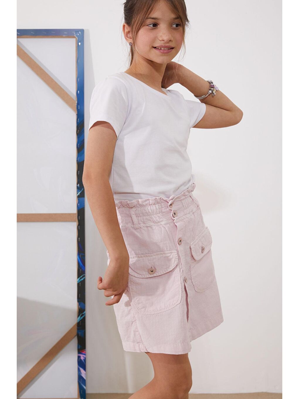 Pembe Beli Lastikli Düğmeli Kız Çocuk Şort Etek 18950-1