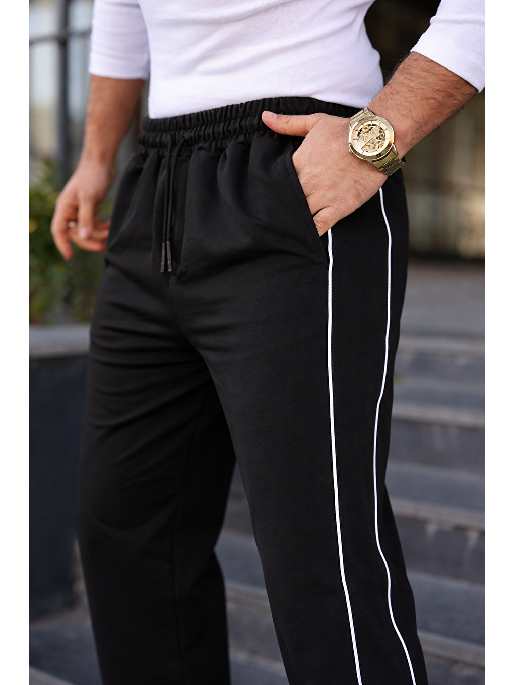 Erkek Günlük Yazlık Çizgili Bol Siyah Eşofman Altı-3