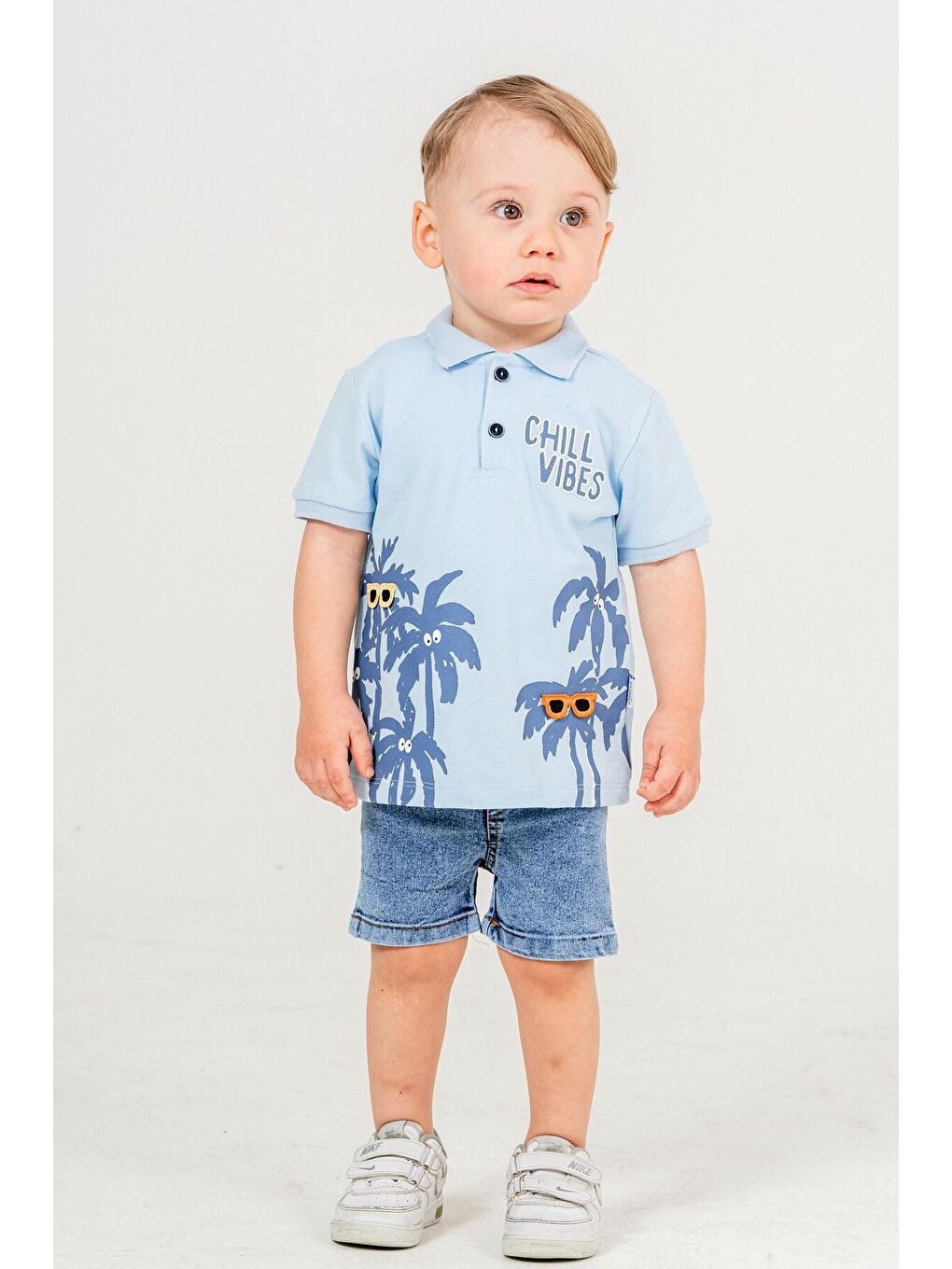 Mavi Tarz Lakos Palmiye Desenli Belden Ayarlanabilir Kısa Kollu Şortlu 2'li Takım Çocuk ve Bebek Giy