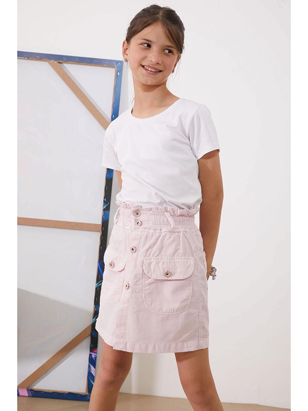 Pembe Beli Lastikli Düğmeli Kız Çocuk Şort Etek 18950-2