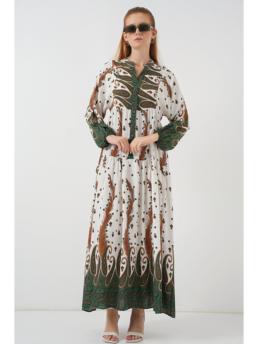 Sarı Kadın Desenli Uzun Tesettür Elbise 2585 - Hardal-3