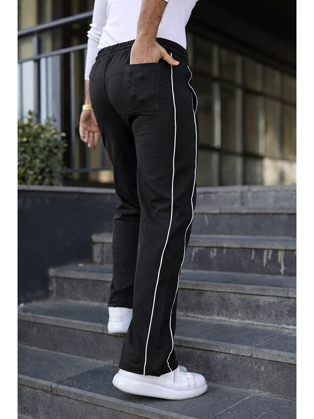 Erkek Günlük Yazlık Çizgili Bol Siyah Eşofman Altı-4