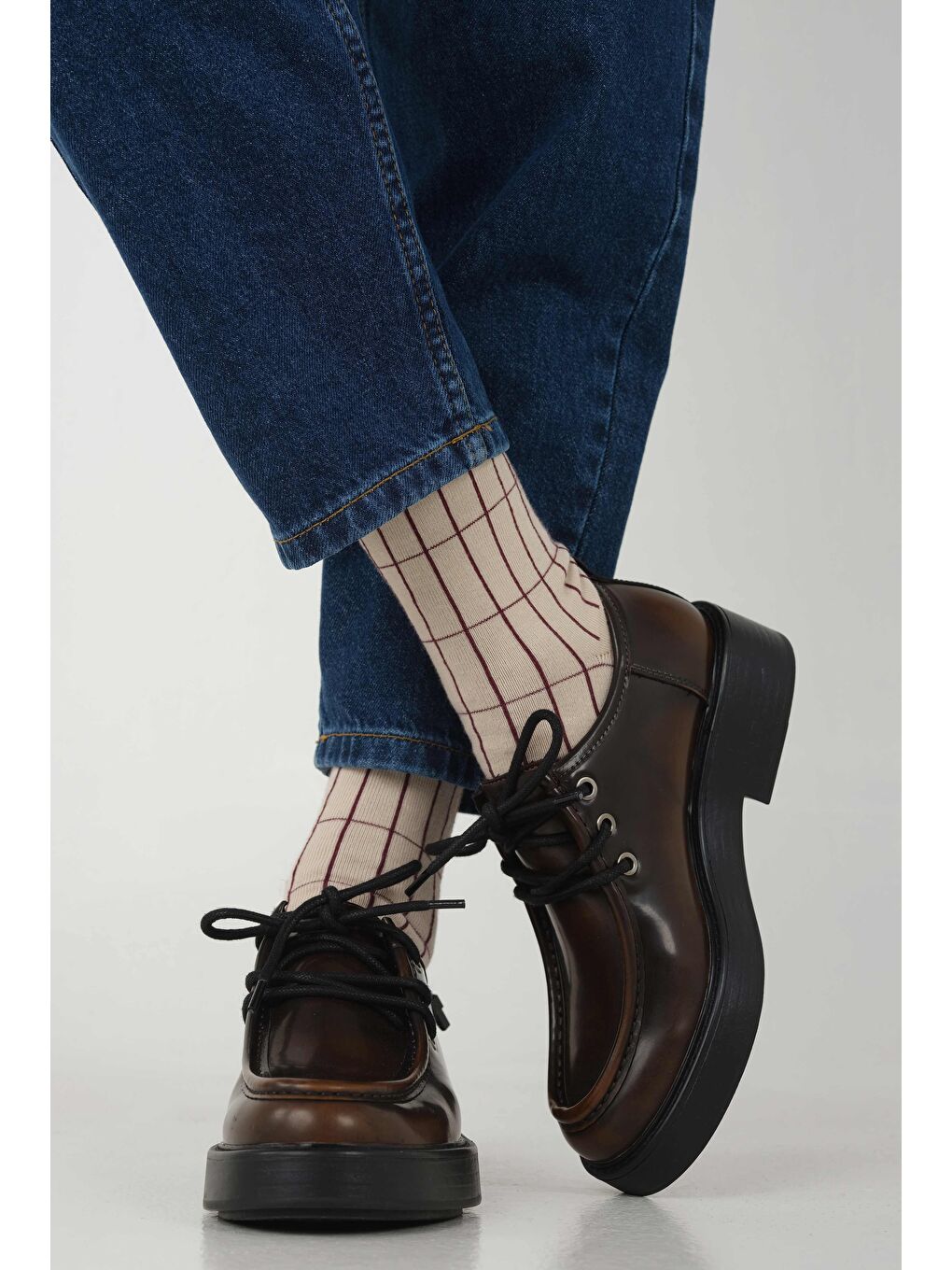 Grid Desen Soket Çorap Bej-Bordo-3