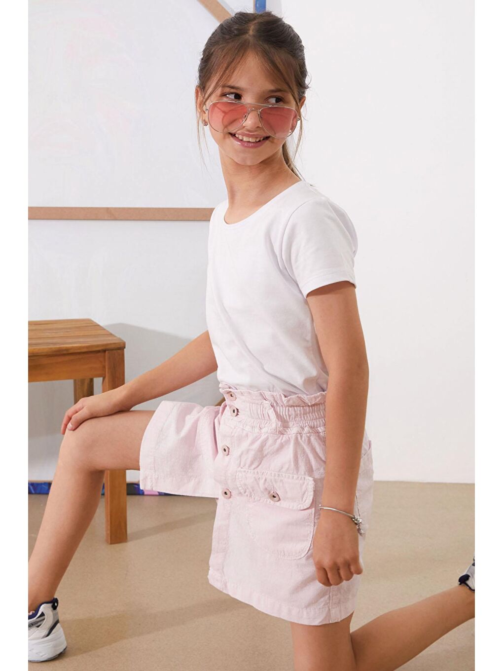 Pembe Beli Lastikli Düğmeli Kız Çocuk Şort Etek 18950-3