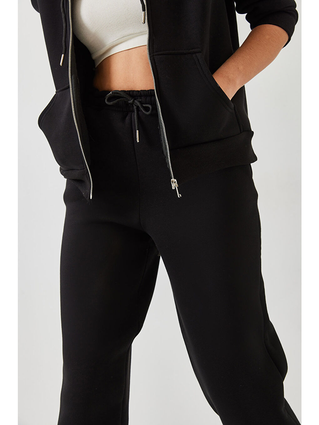 Siyah Kadın Kanguru Cepli Kapüşonlu Hırka Alt  Üst Takım MBHS-6