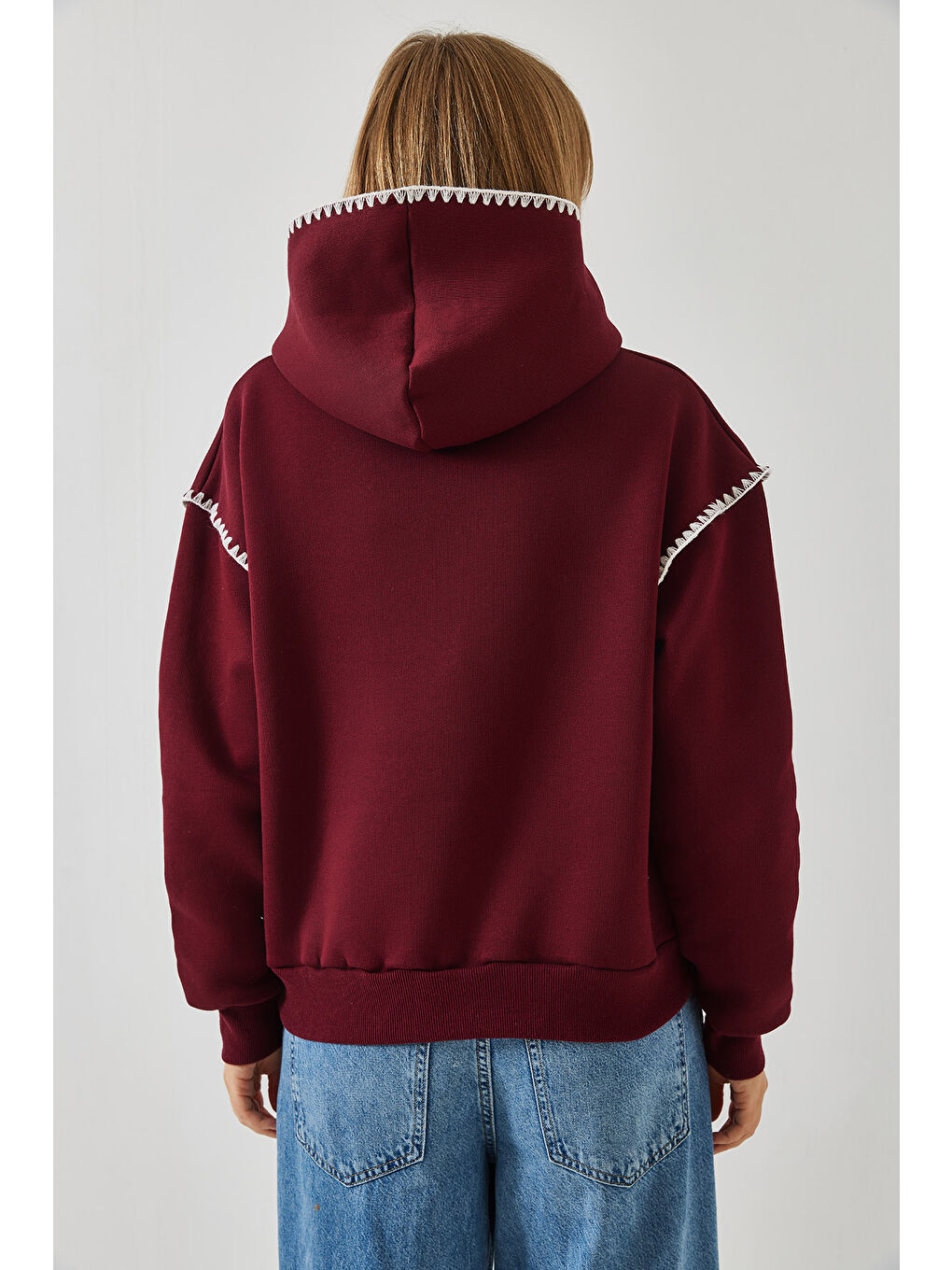 Bordo Kadın Kapüşonlu Dantel Detaylı Sweatshirt-2