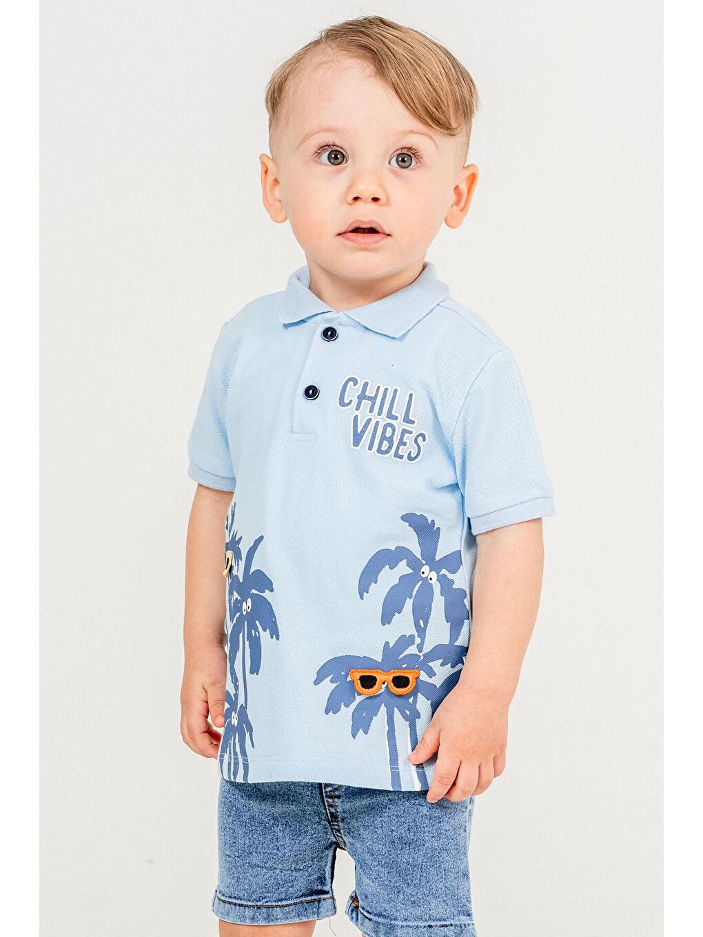 Mavi Tarz Lakos Palmiye Desenli Belden Ayarlanabilir Kısa Kollu Şortlu 2'li Takım Çocuk ve Bebek Giy-1