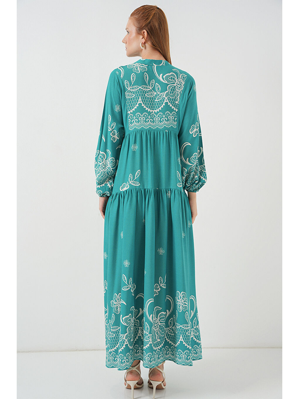 Yeşil Kadın Desenli Uzun Tesettür Elbise 2585 - Mint-5