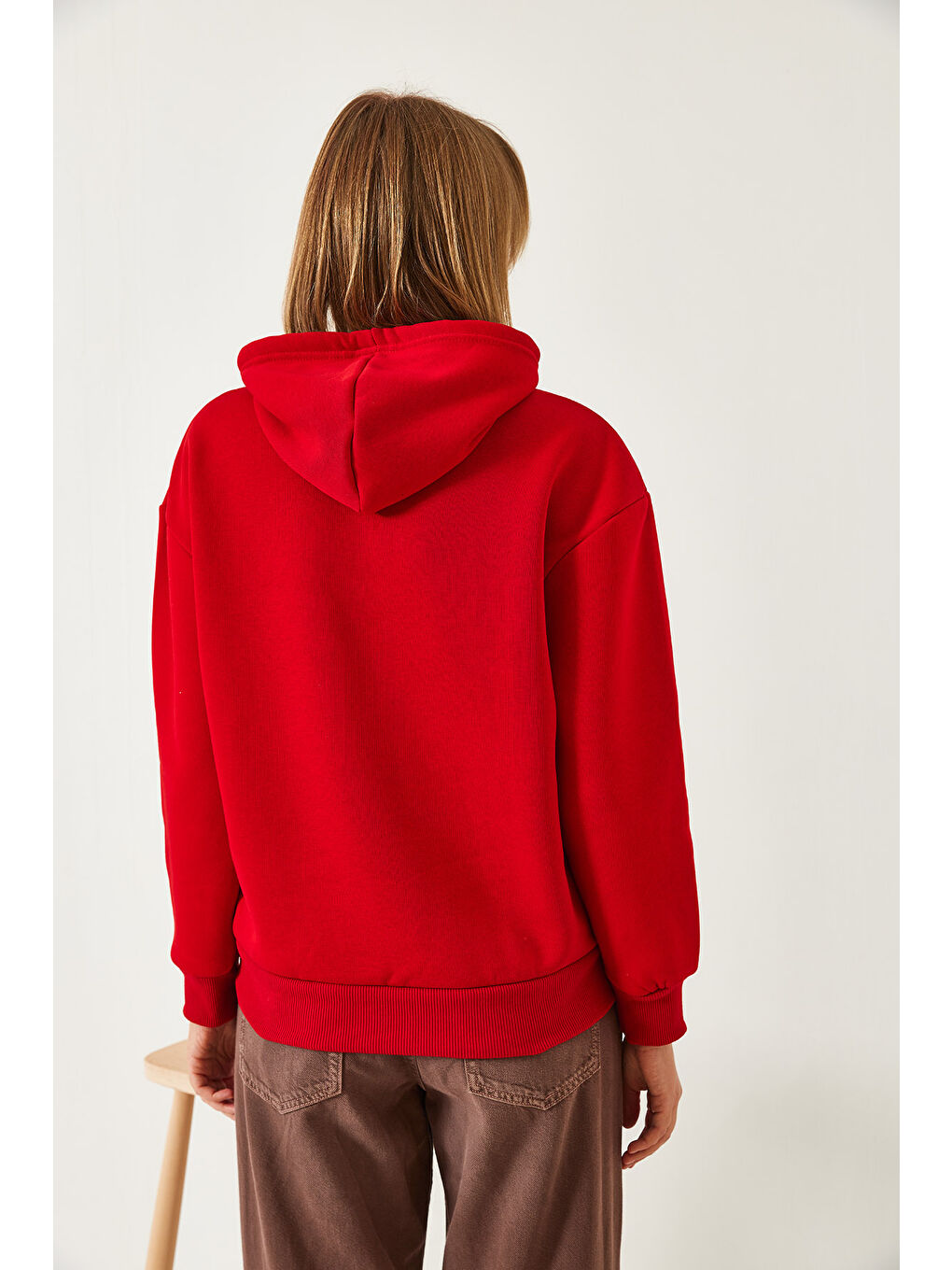 Kırmızı Kadın Üç İplik Şardonlu Renkli Kalp Baskılı Kapüşonlu Sweatshirt MBHS-5