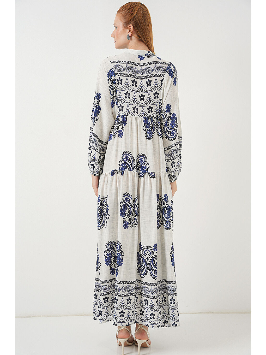 Kadın Desenli Uzun Tesettür Elbise 2585 - F.Lacivert-5