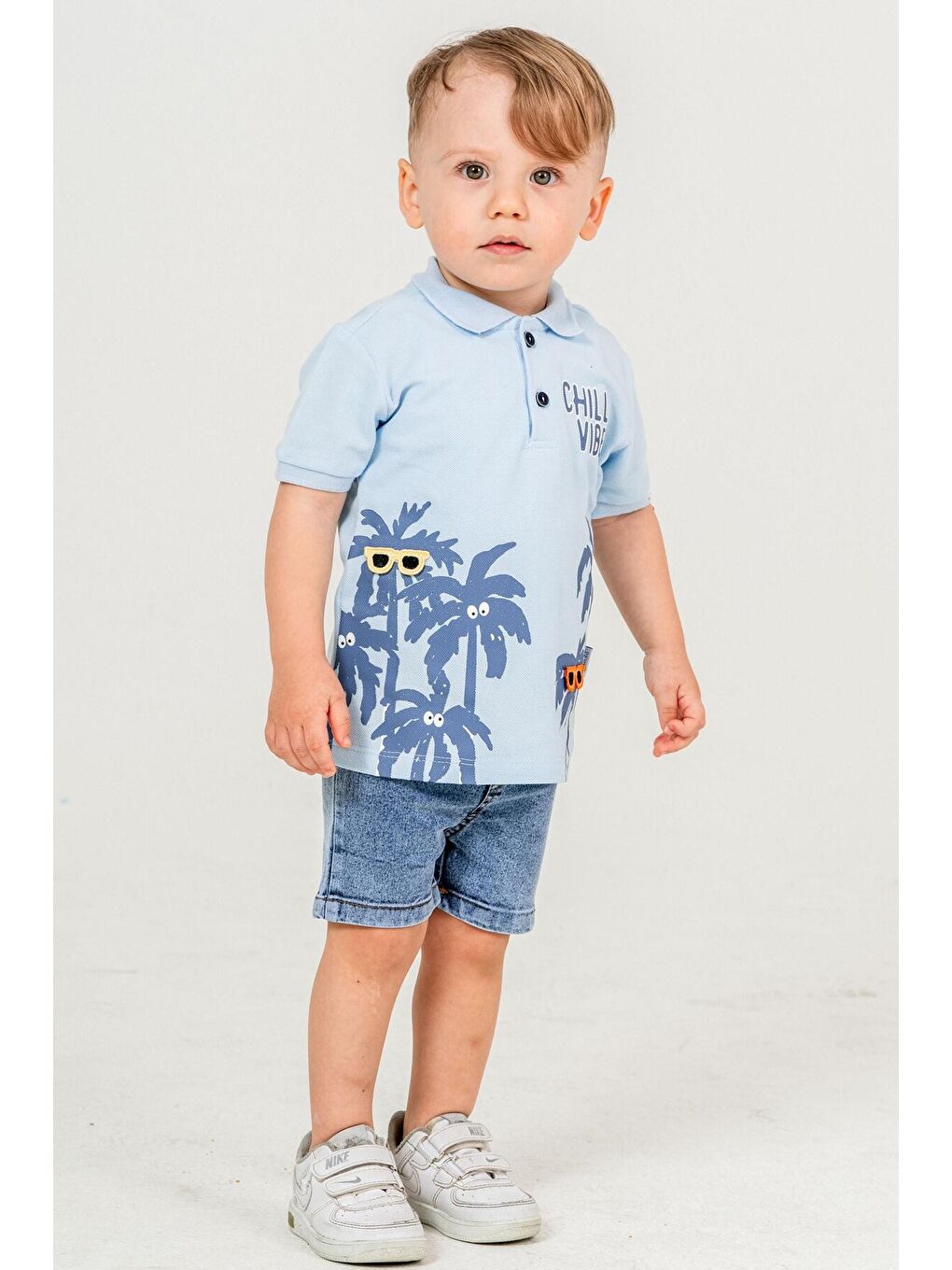 Mavi Tarz Lakos Palmiye Desenli Belden Ayarlanabilir Kısa Kollu Şortlu 2'li Takım Çocuk ve Bebek Giy-2