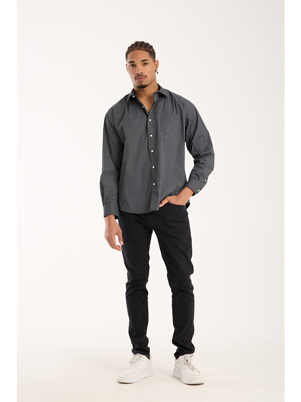 Rio Poplin Stretch Pamuk Karışımlı Oversize Fit Siyah Klasik Yaka Erkek Baskılı Gömlek-2