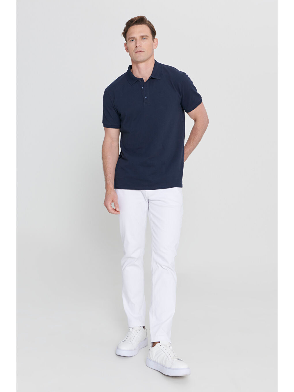 Erkek Prusya Lacivert Slim Fit Dar Kesim Polo Yaka %100 Pamuk Kısa Kollu Tişört-1