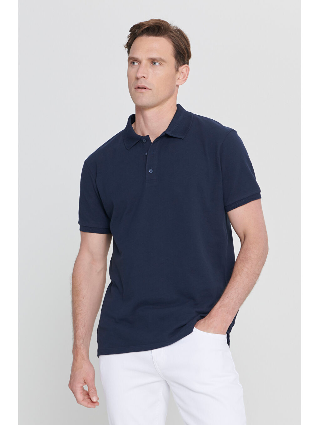 Erkek Prusya Lacivert Slim Fit Dar Kesim Polo Yaka %100 Pamuk Kısa Kollu Tişört-2