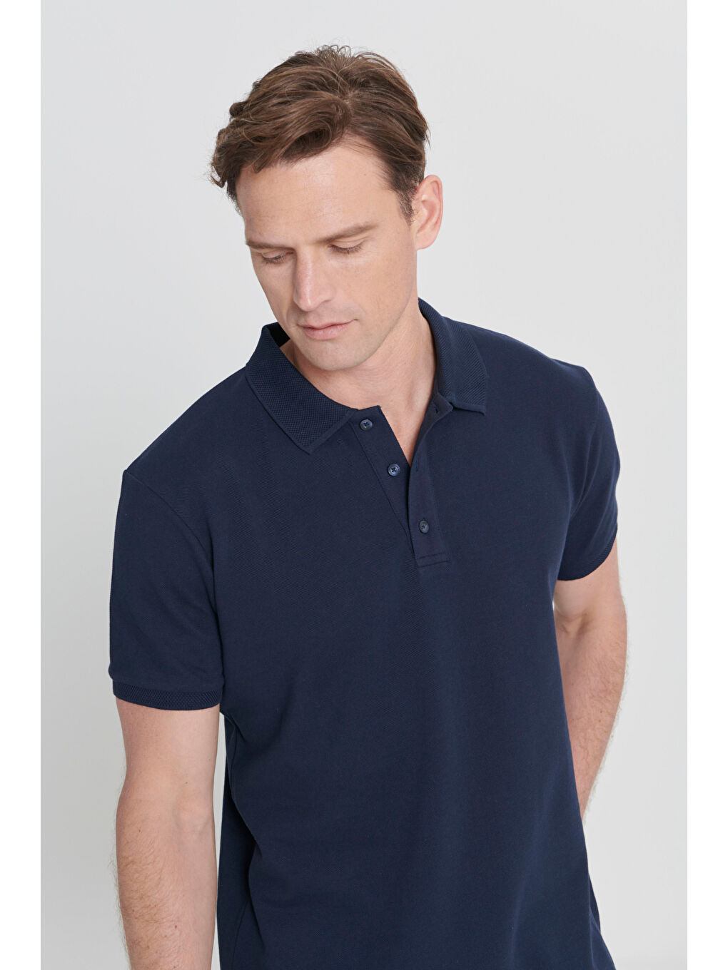 Erkek Prusya Lacivert Slim Fit Dar Kesim Polo Yaka %100 Pamuk Kısa Kollu Tişört-3