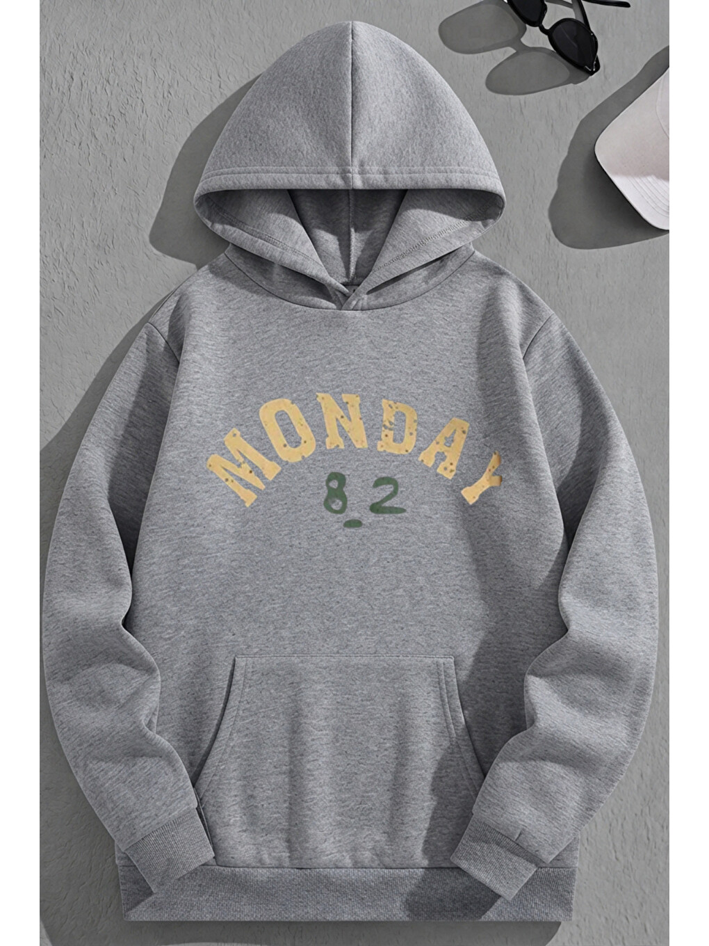 Unisex 3 İplik Pamuklu Gri Monday Baskı Bol Kalıp Sweatshirt Hoodie