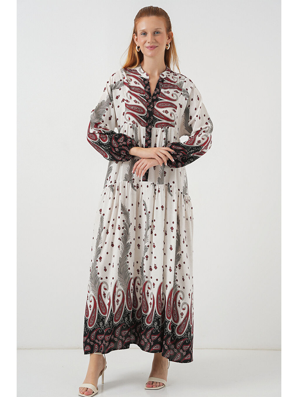 Kadın Desenli Uzun Tesettür Elbise 2585 - A.Kırmızı