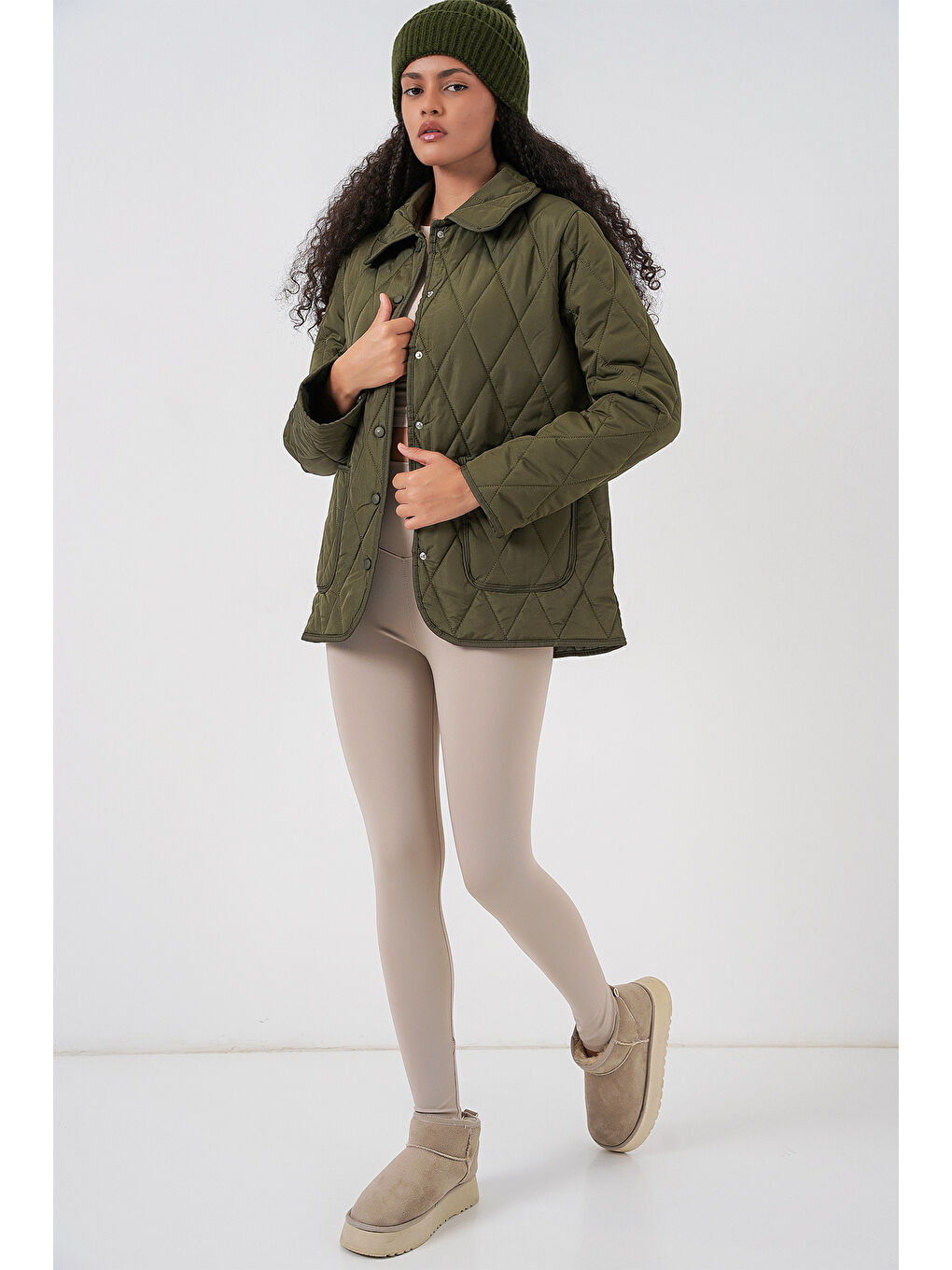 Kadın Kapitone Oversize Mont 5226 - Haki-1