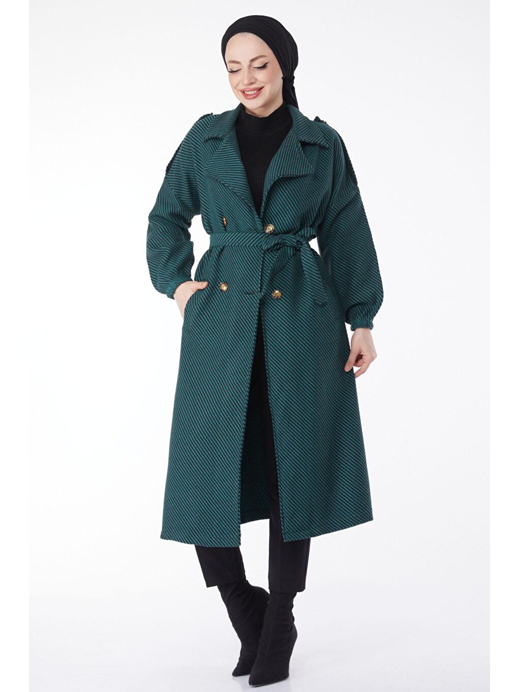 Kruvaze Yaka Kadın Yeşil Kuşaklı Kaşe Kaban - 13132