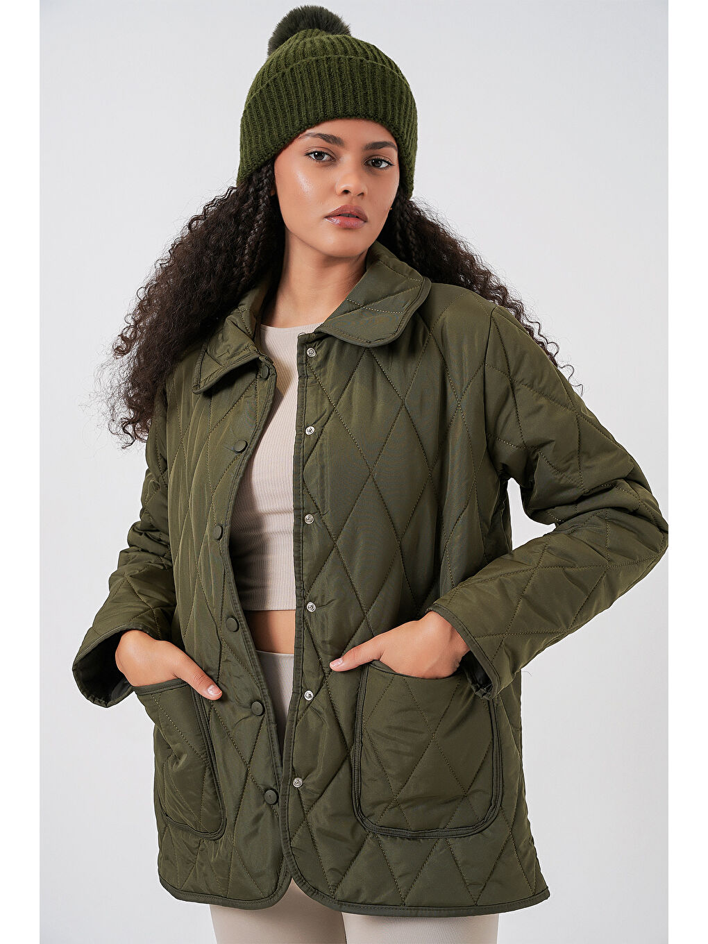 Kadın Kapitone Oversize Mont 5226 - Haki-2