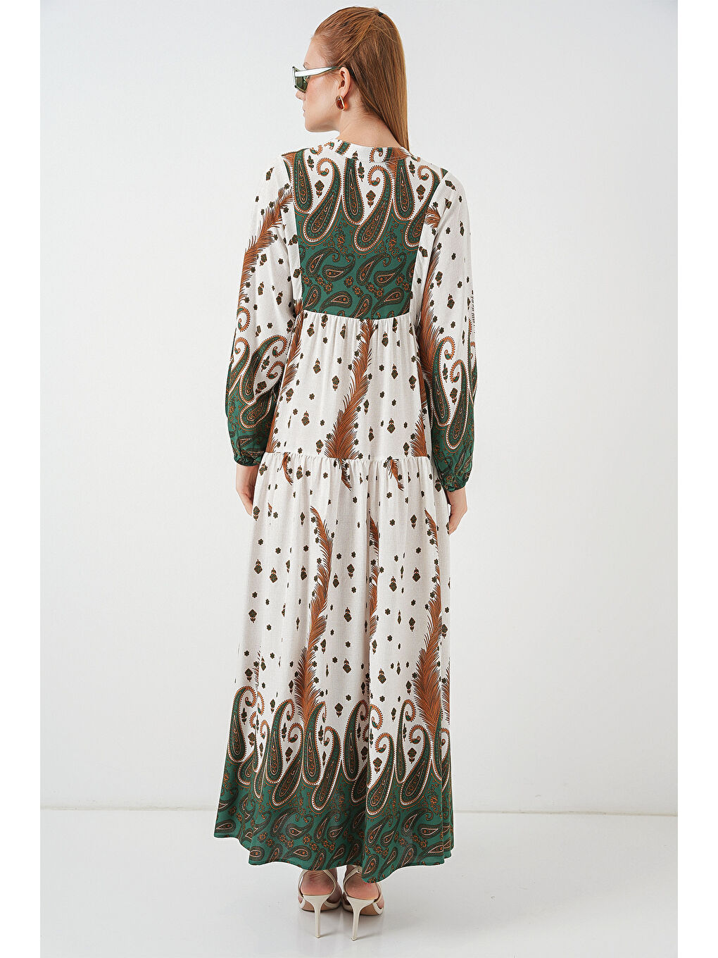 Sarı Kadın Desenli Uzun Tesettür Elbise 2585 - Hardal-5