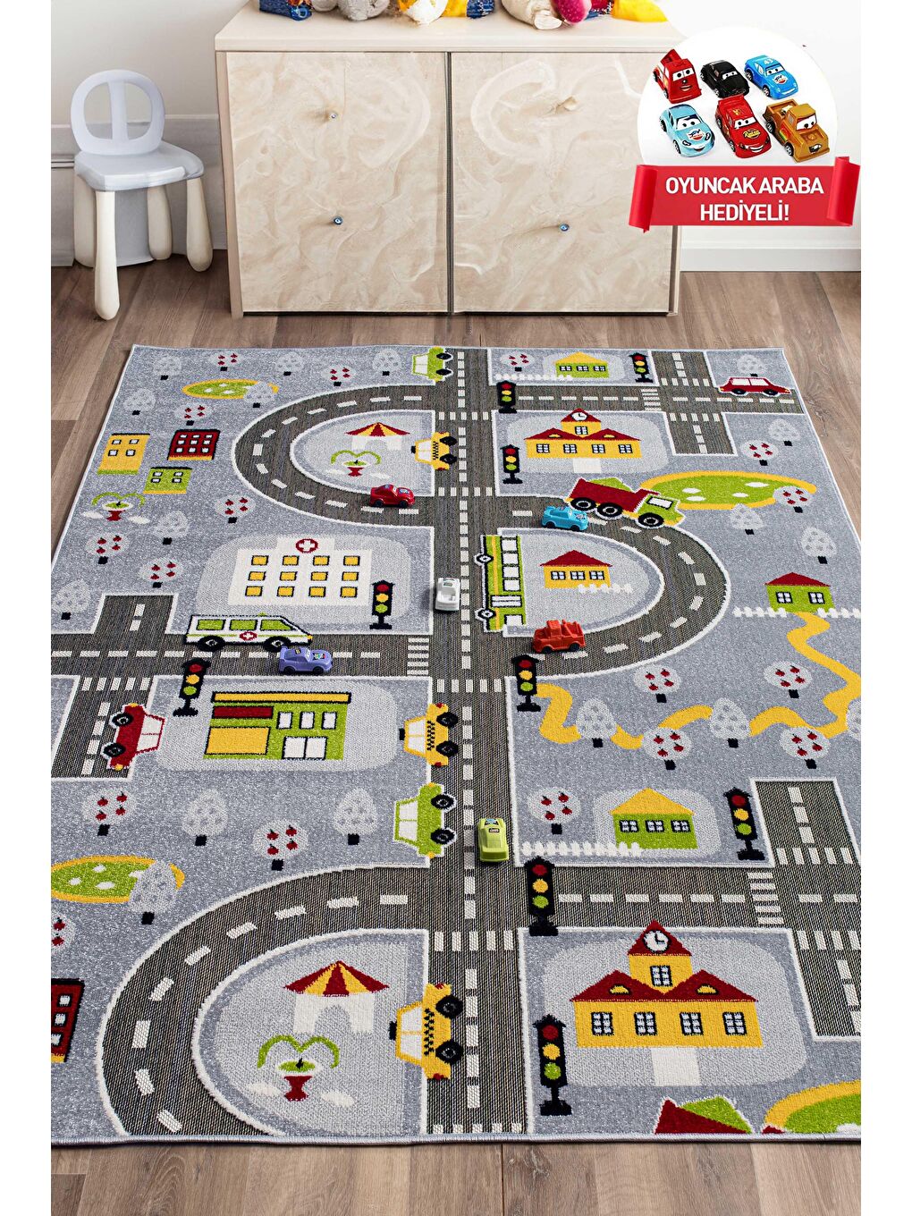Anaokulu Kreş Oyun Halısı 3 Boyutlu Dokuma Gri Trafik Halı-100x200