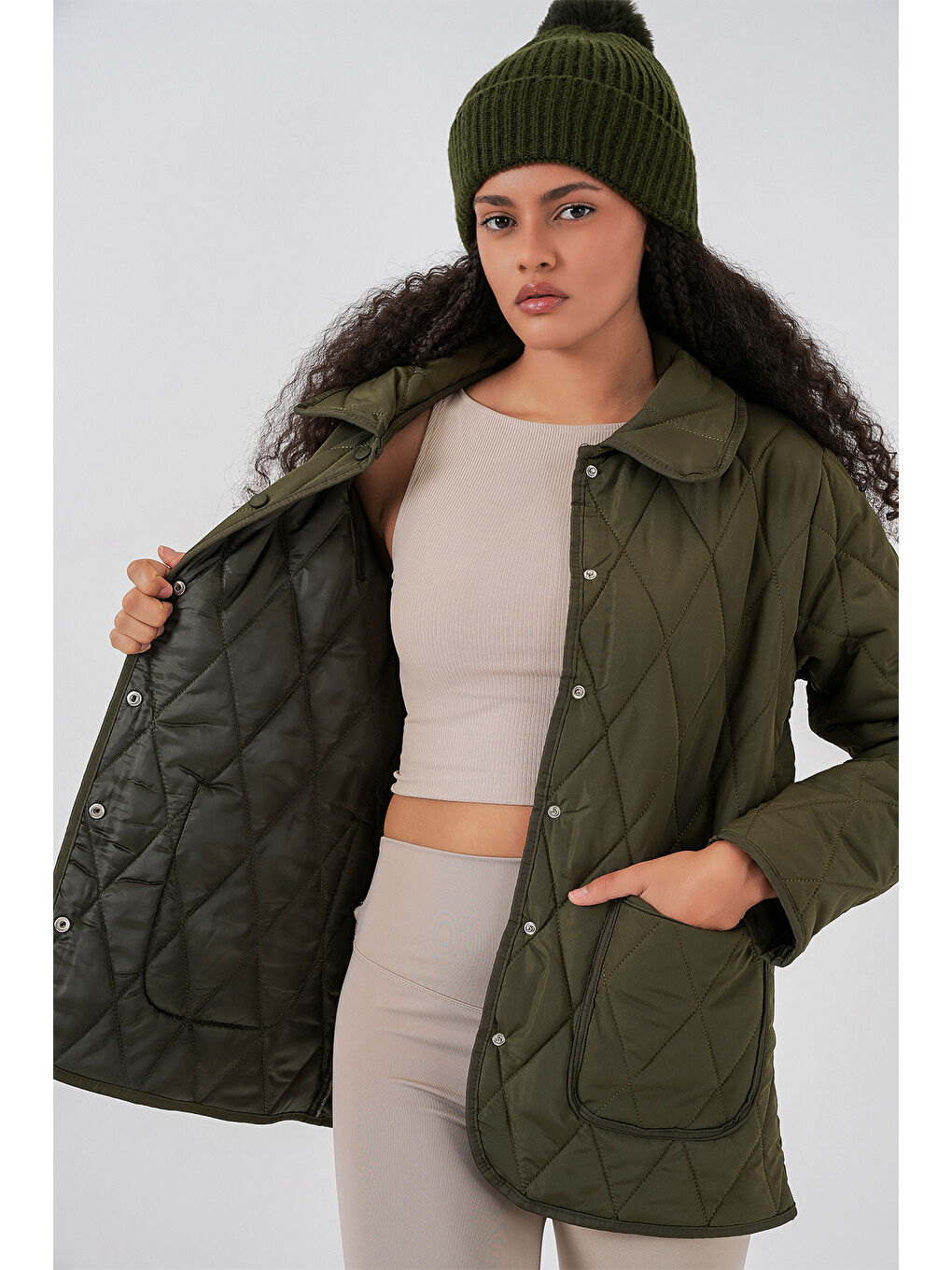 Kadın Kapitone Oversize Mont 5226 - Haki-3